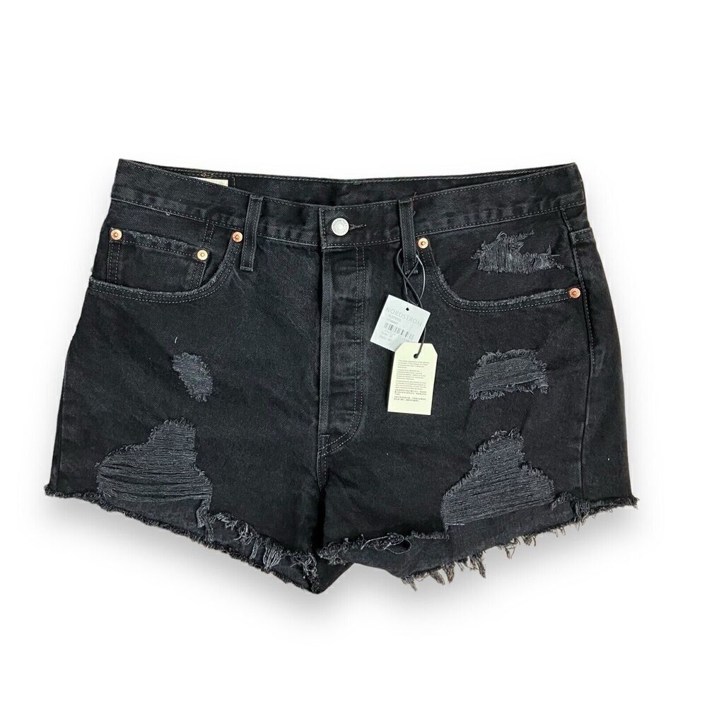 Levis 501 Shorts Women’s 33 Black Distressed Button Fly High Waisted Dark Wash